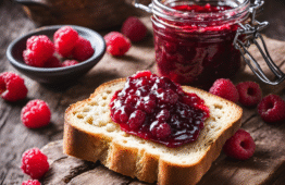 Sur des tartines La confiture de rhubarbe framboise peut se déguster tout simplement sur une tranche de pain grillé pour des bouchées pleines de saveurs fruitées.
